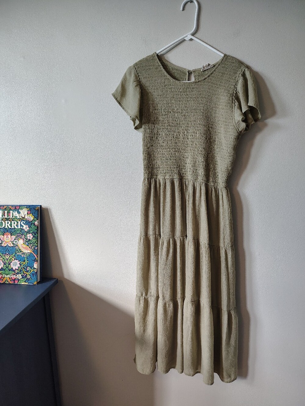 Perch Light Green Safari Smocked and Tiered Midi Dress